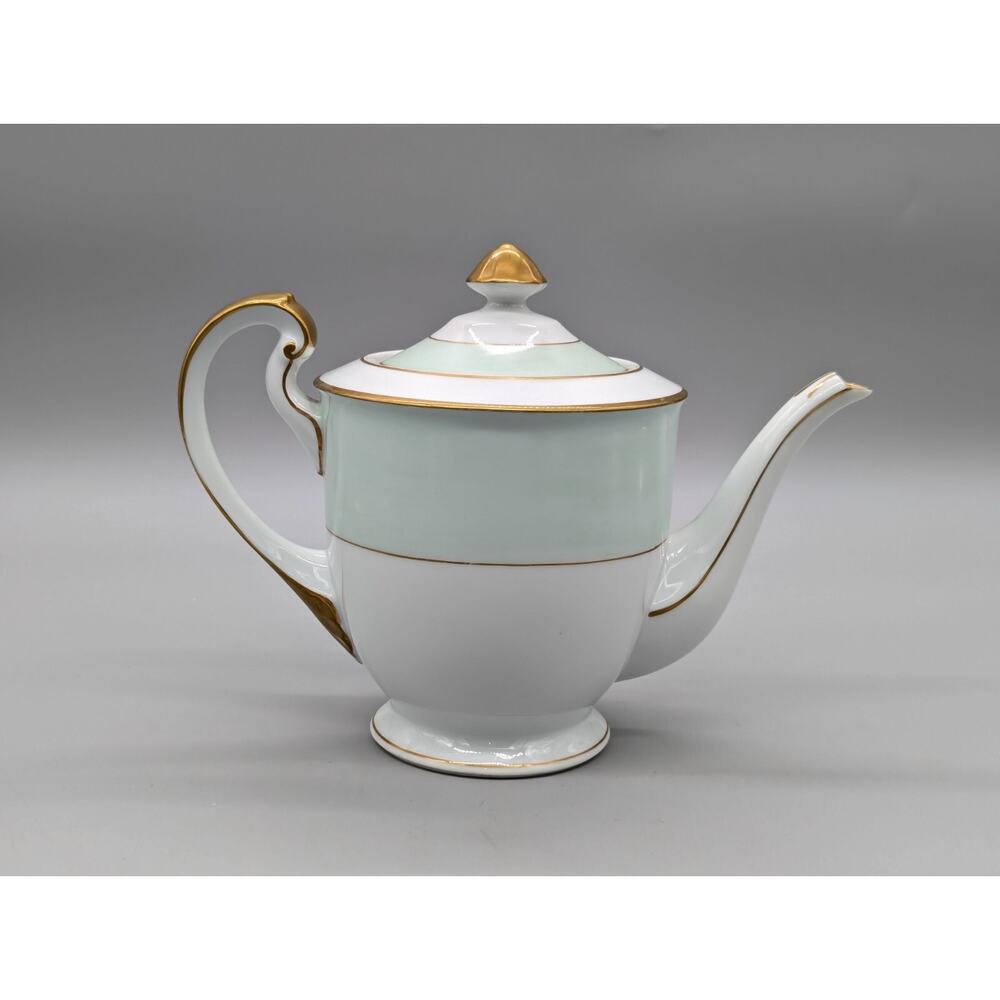 Heirloom Craftsman Japan Porcelain 7.5" Teapot W/ Lid White Gold Rim Mint Green